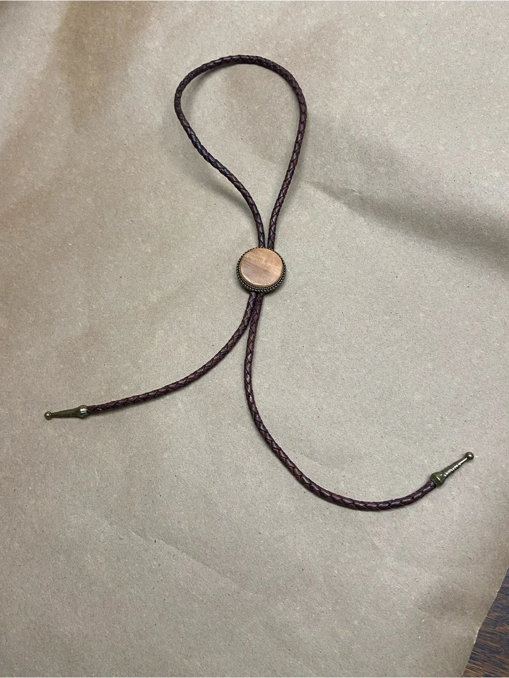 Handcrafted Brown Leather Bolo Tie with Wood Medallion